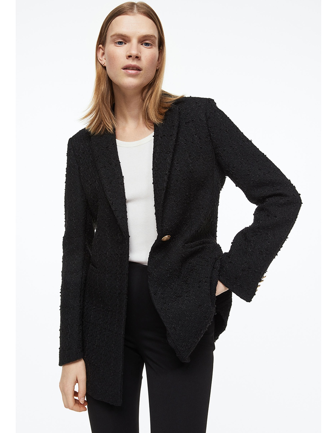 

H&M Women Textured-Weave Blazer, Black