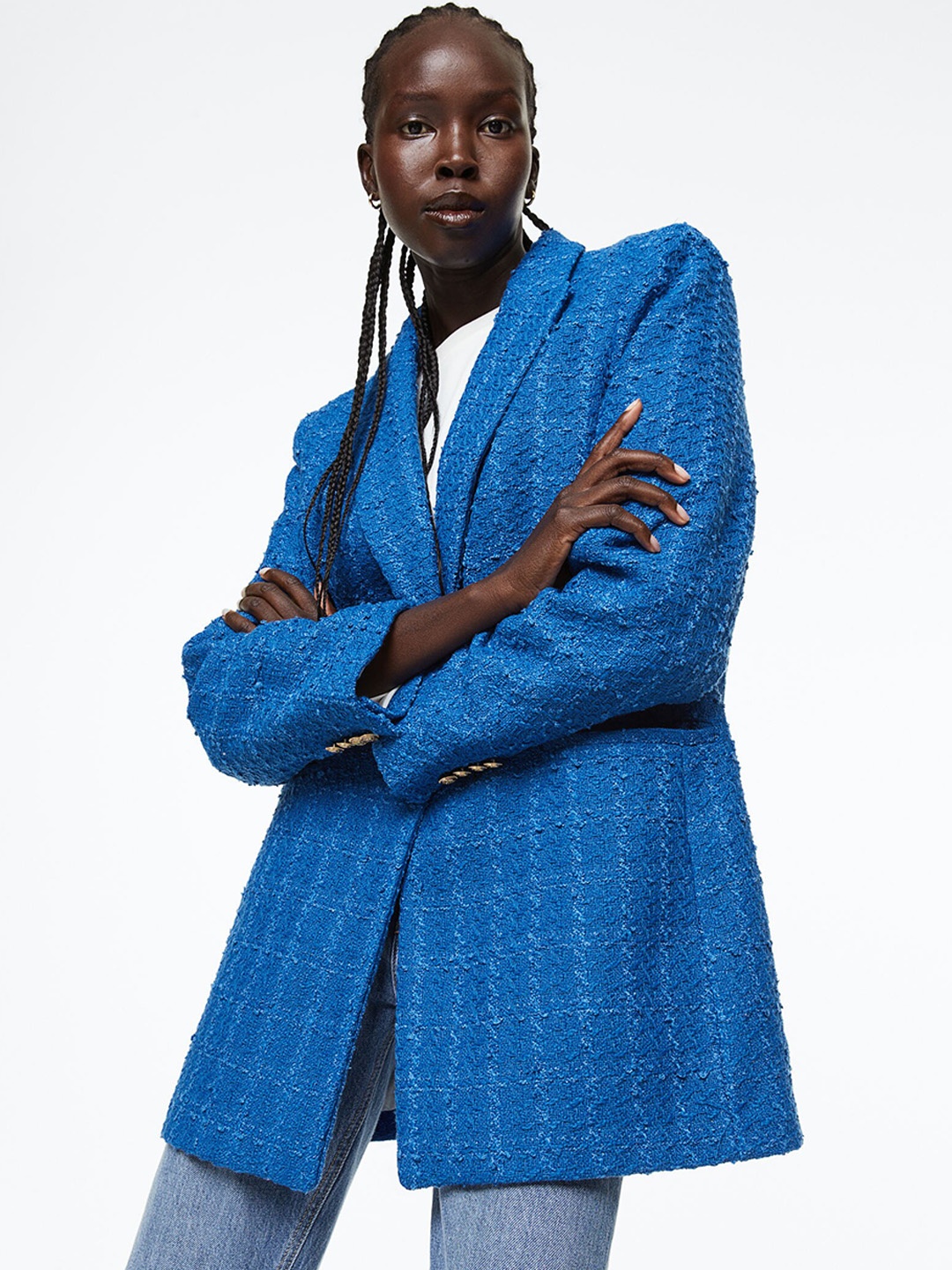 

H&M Women Textured-Weave Blazer, Blue
