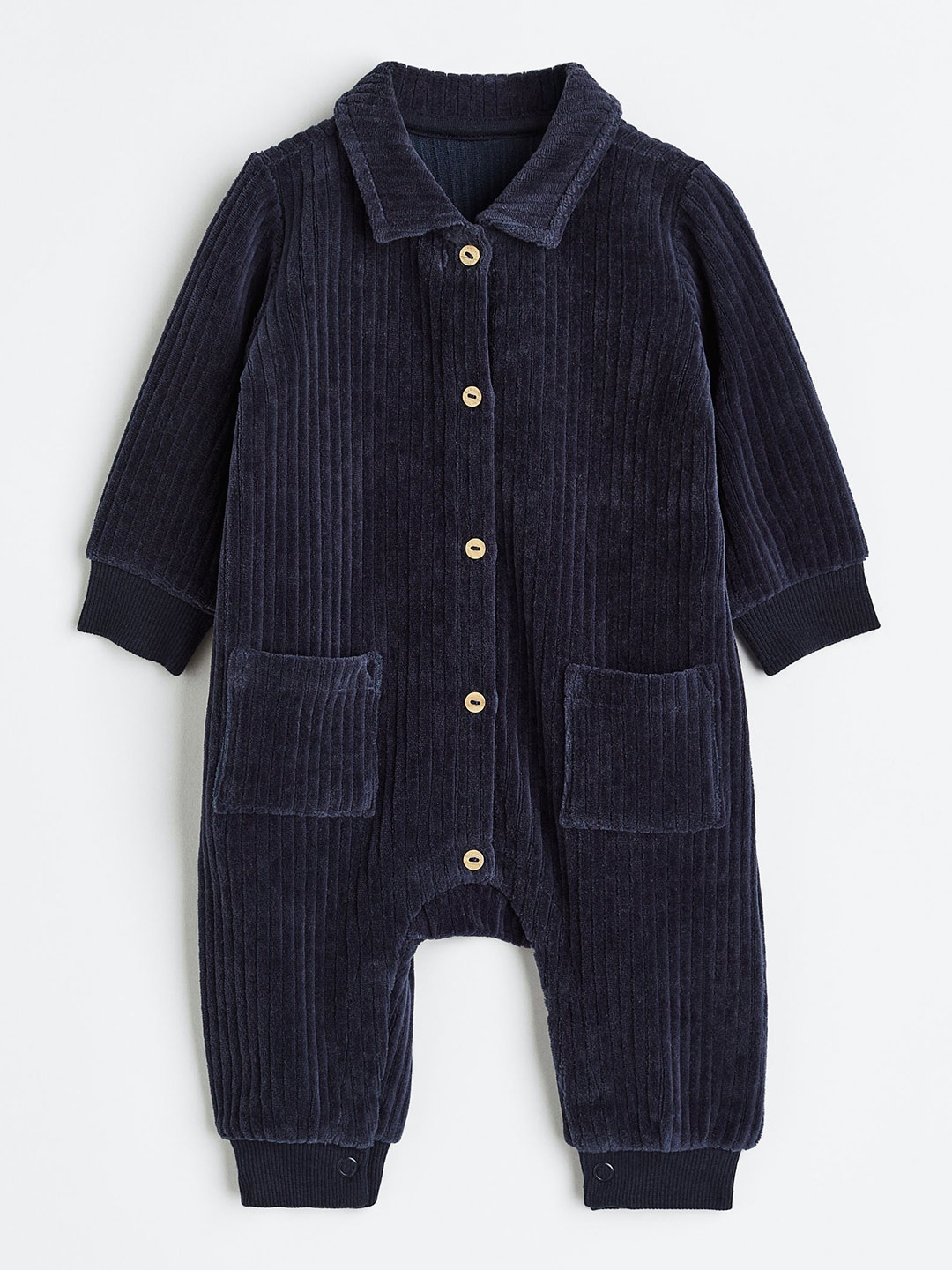 

H&M Infant Boys Ribbed Velour Romper Suit, Blue