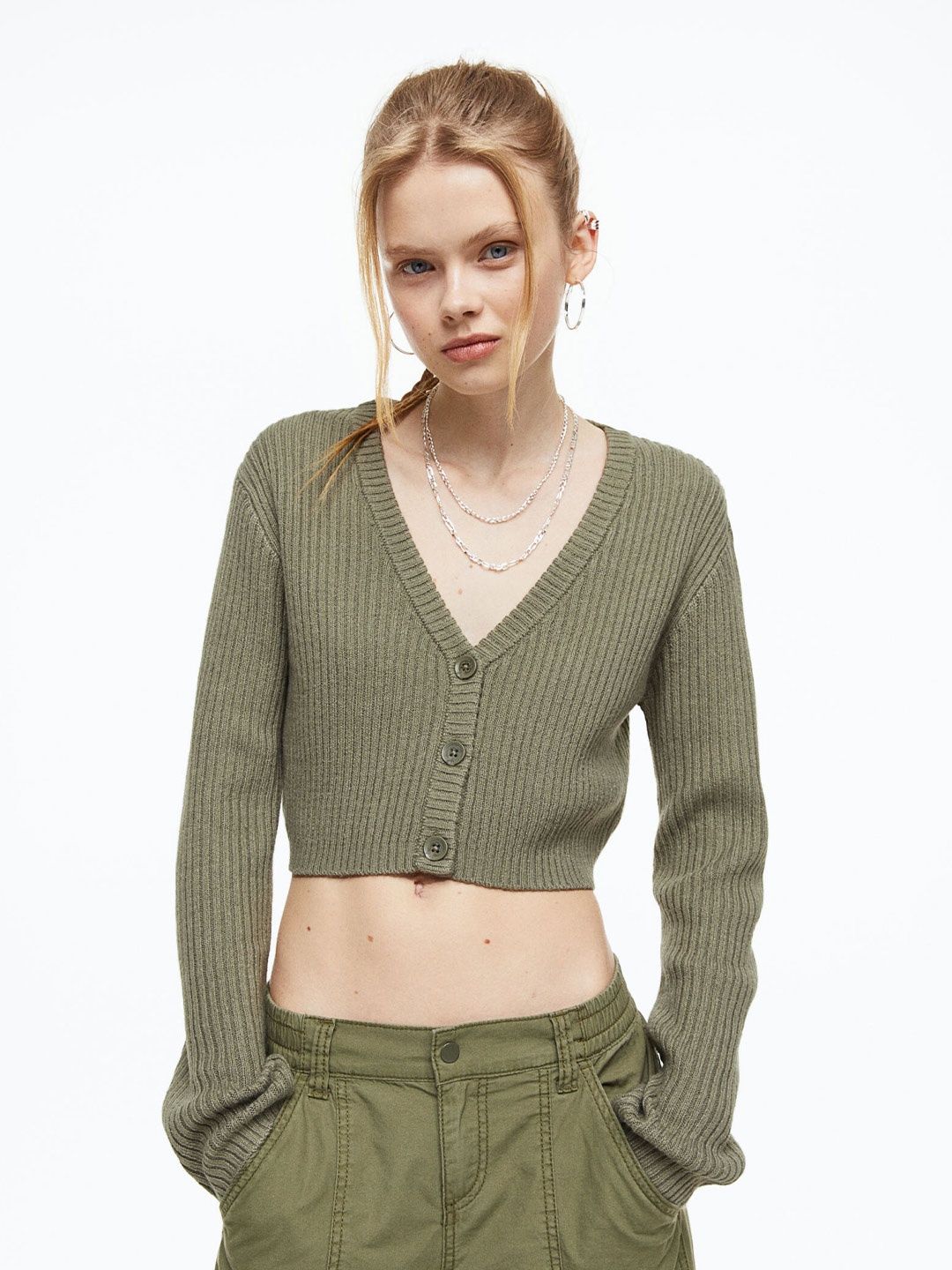 

H&M Women Cropped Rib-Knit Acrylic Cardigan, Olive