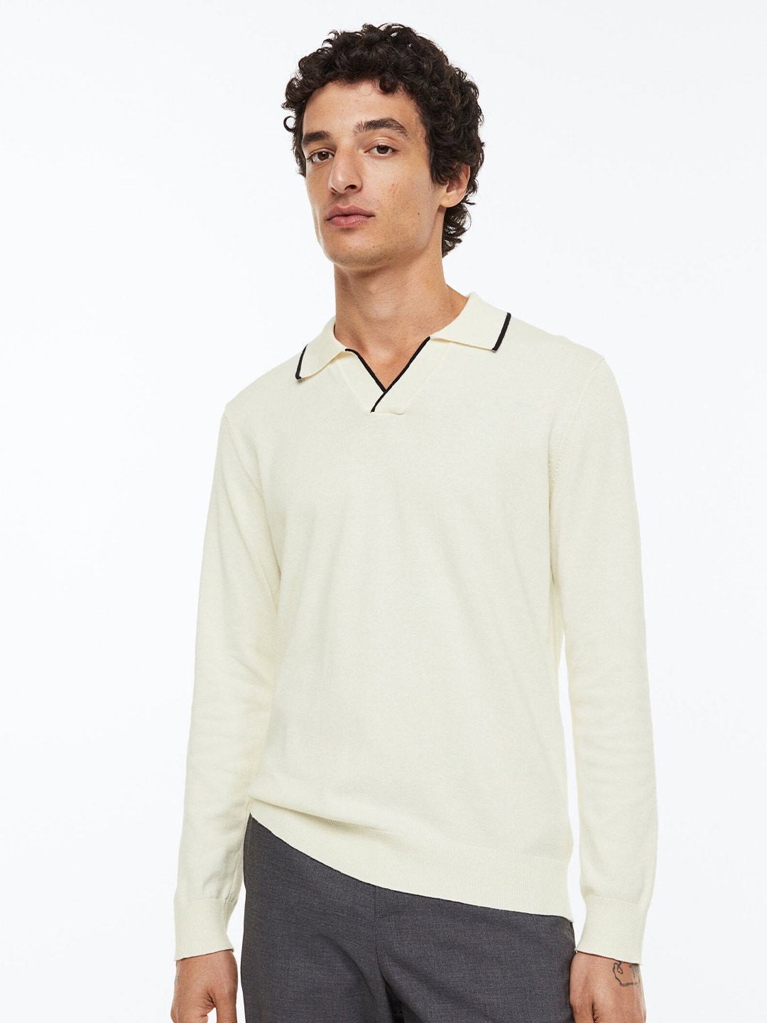 

H&M Men Slim Fit Fine-Knit Cotton Polo Shirt, White