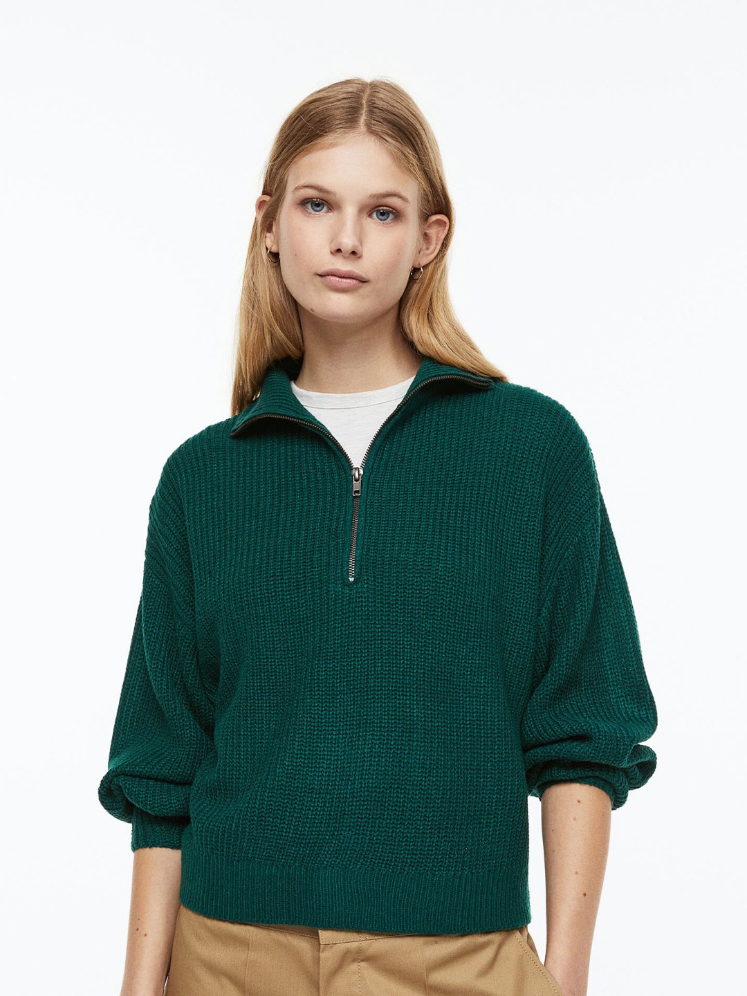 

H&M Women Zip-Top Rib-Knit Acrylic Jumper, Green