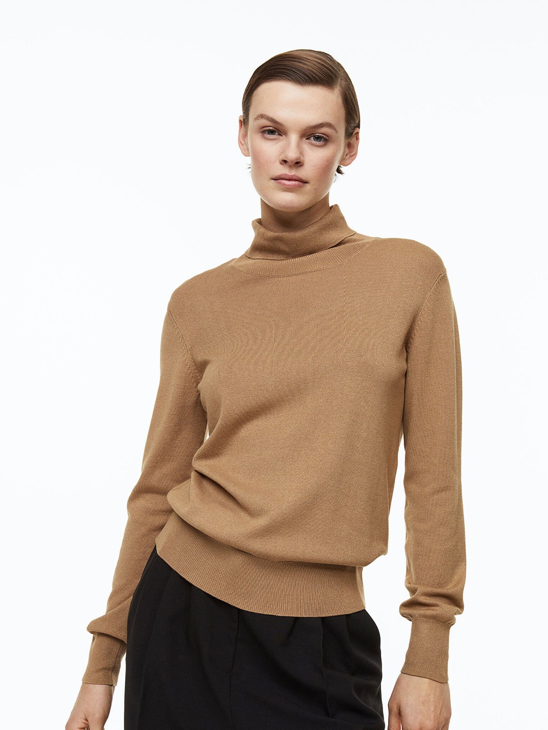 

H&M Women Fine-Knit Polo-Neck Jumper, Beige