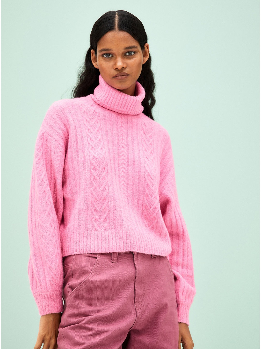 

H&M Women Cable-Knit Polo-Neck Jumper, Pink