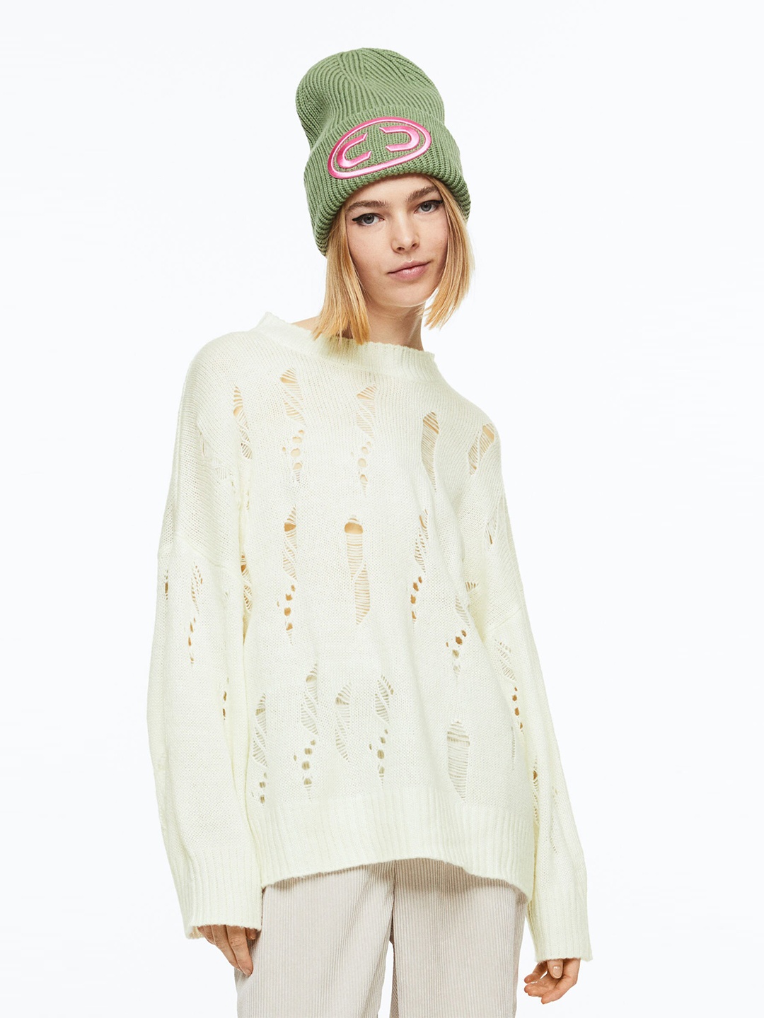

H&M Women Self Design Acrylic Sweater, Off white