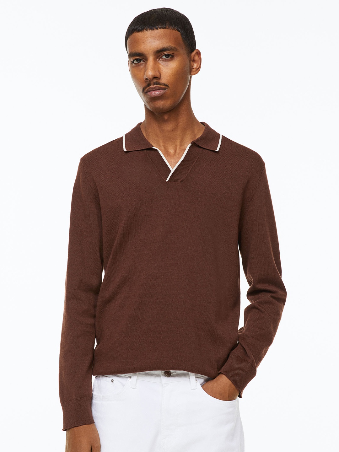 

H&M Men Slim-Fit Fine-Knit Cotton Polo Shirt, Brown