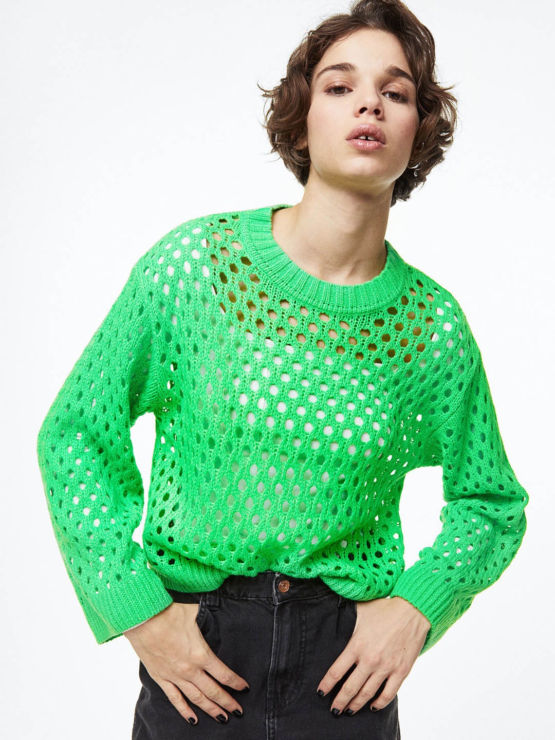 

H&M Women Hole-Knit Acrylic Jumper, Green
