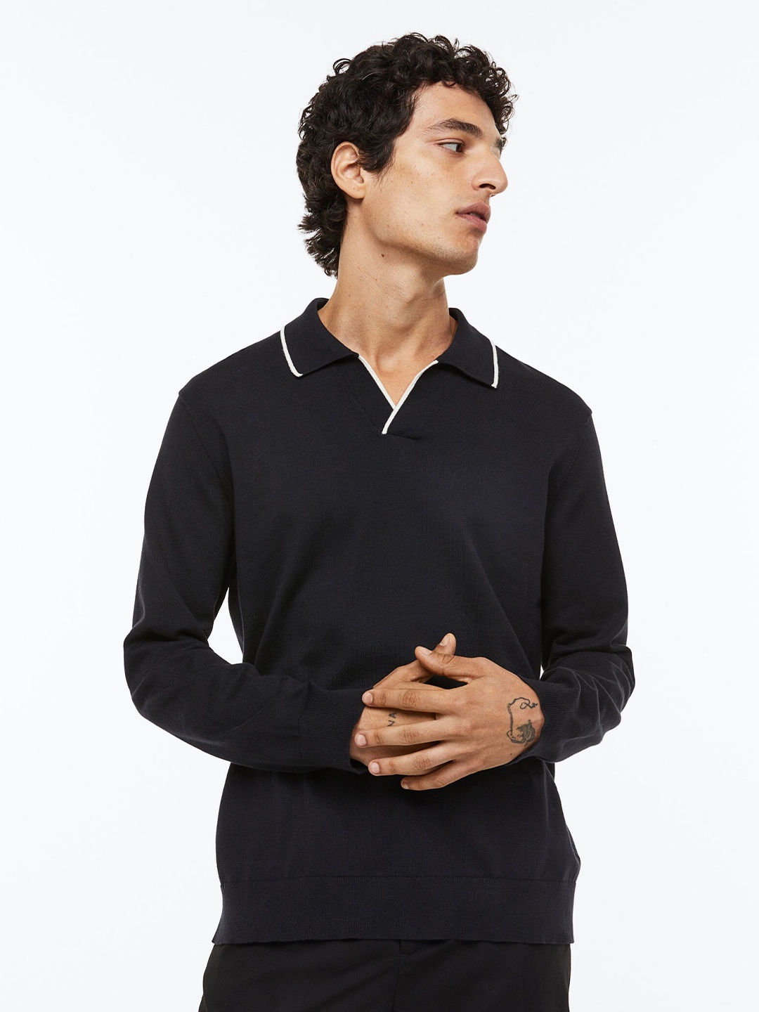 

H&M Men Slim Fit Fine-Knit Cotton Polo Shirt, Navy blue