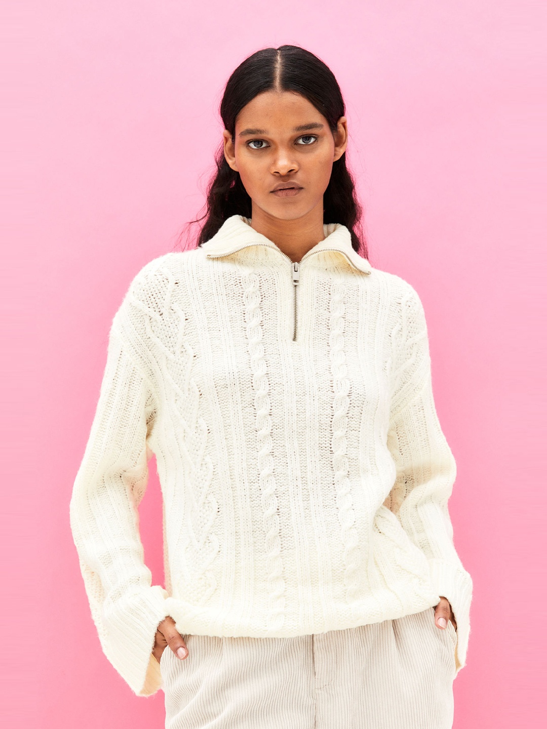

H&M Women Zip-Top Cable-Knit Acrylic Jumper, Off white