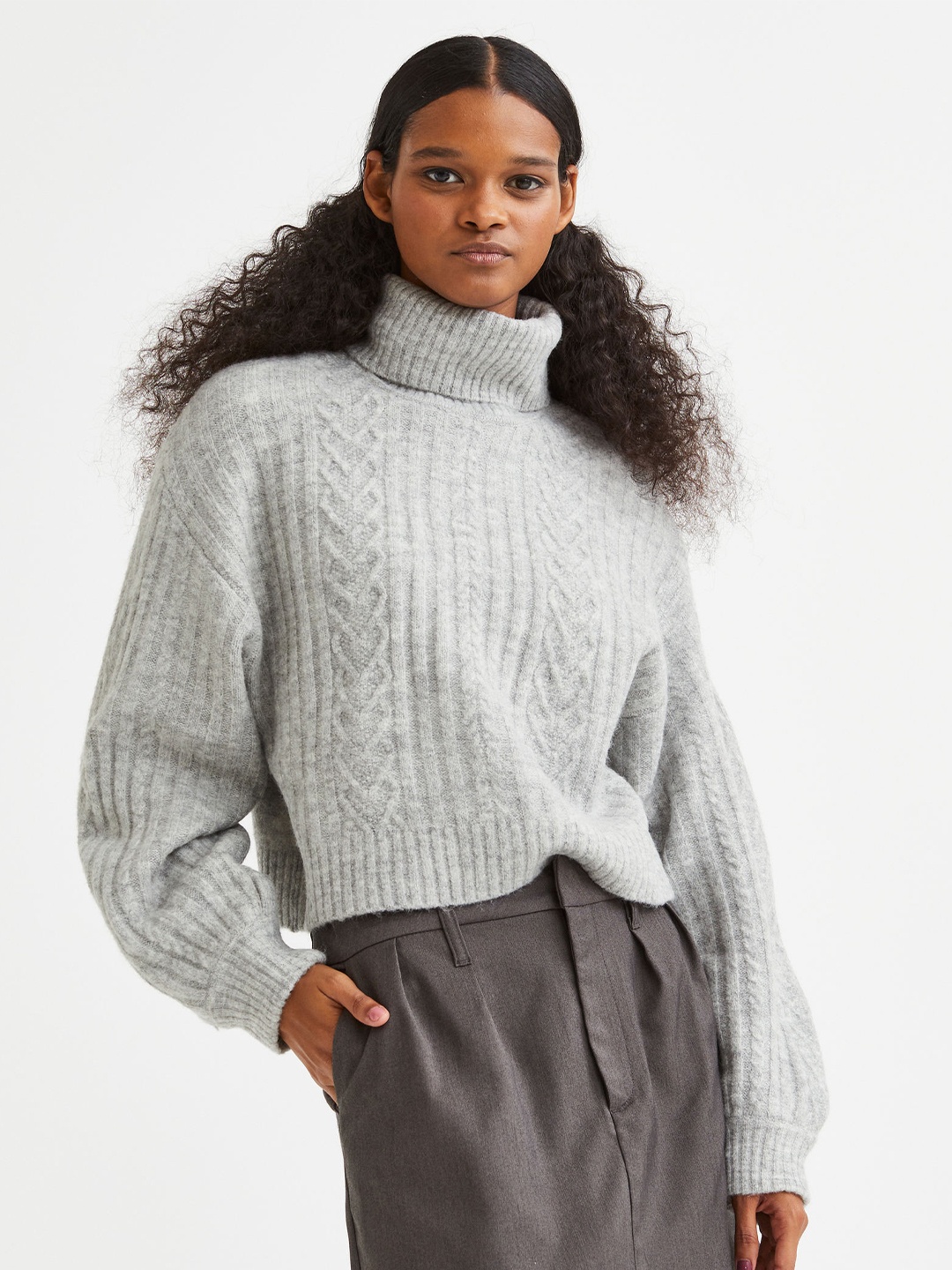 

H&M Women Cable-Knit Polo-Neck Jumper, Grey