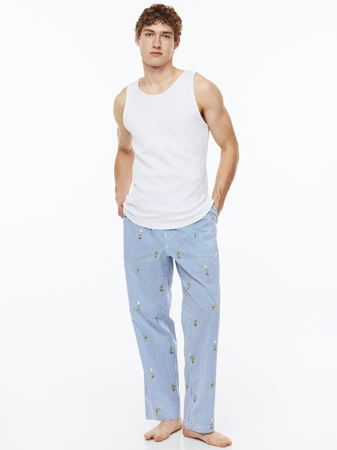 

H&M Men Relaxed Fit Patterned Pure Cotton Trousers, Blue