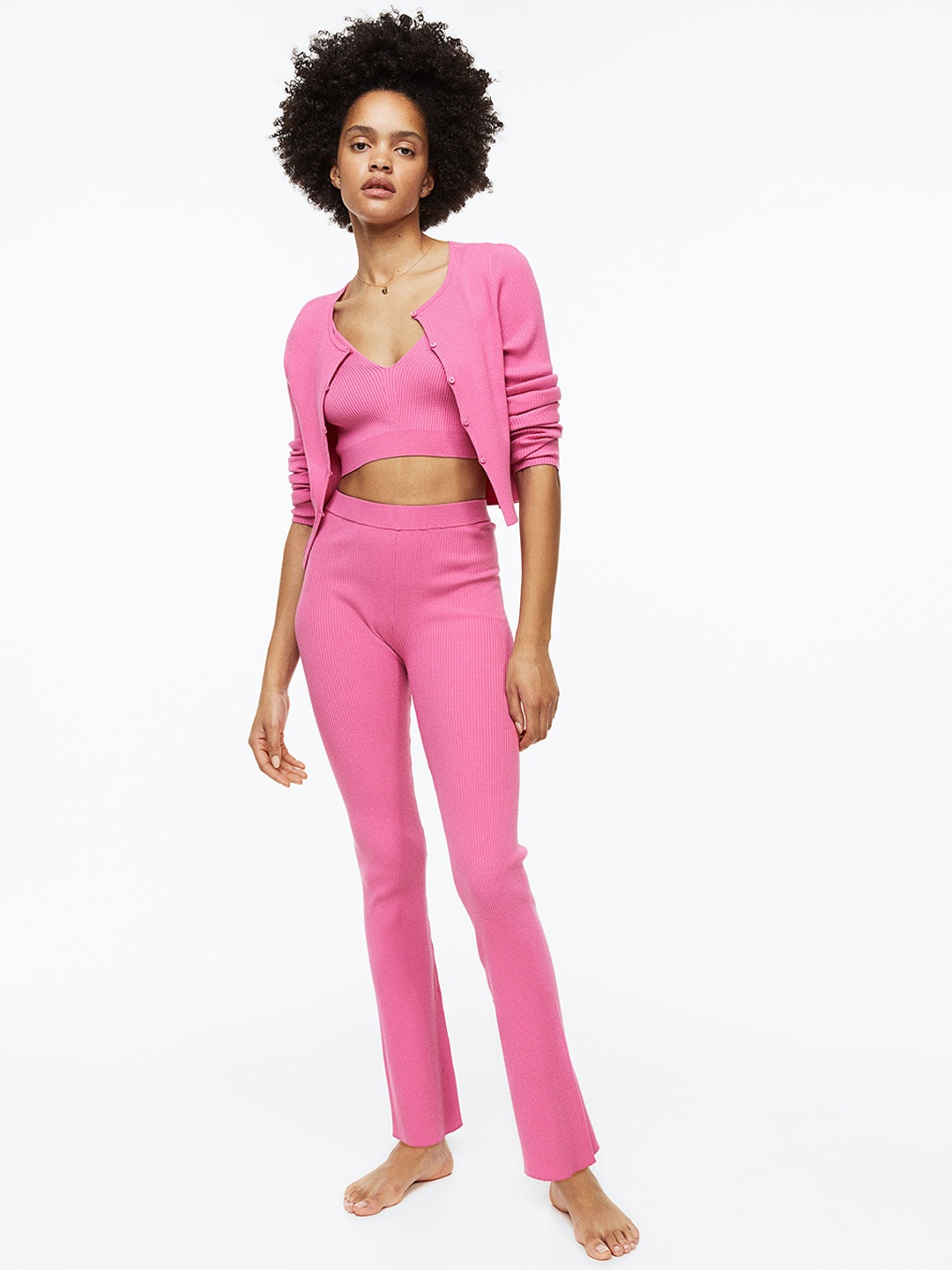 

H&M Women Ribbed Flared Trousers, Pink