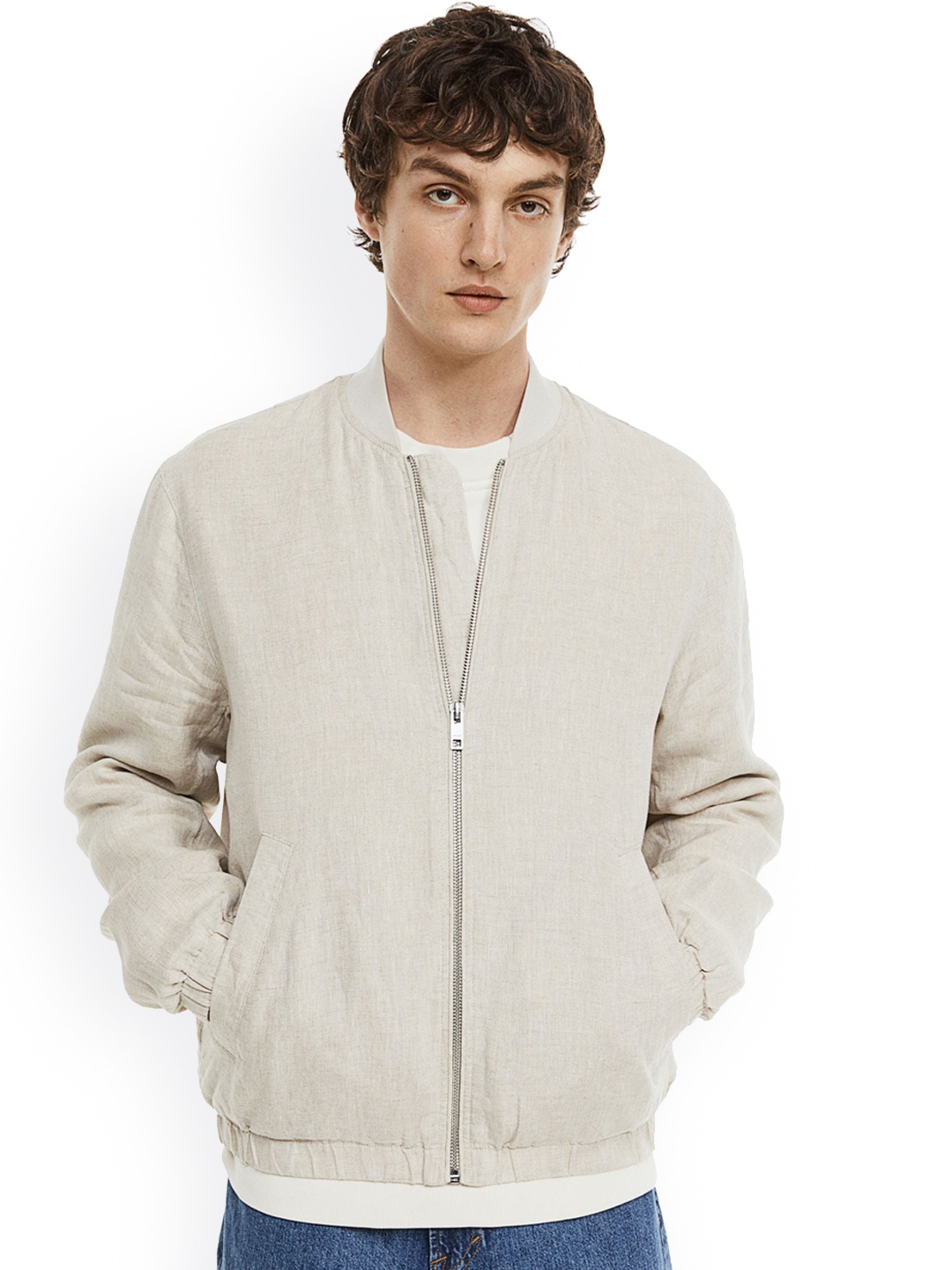 

H&M Men Pure Linen Bomber Jacket, Beige