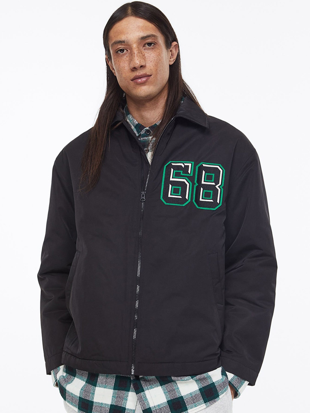

H&M Men Back Typography Patchwork Varsity Jacket, Black