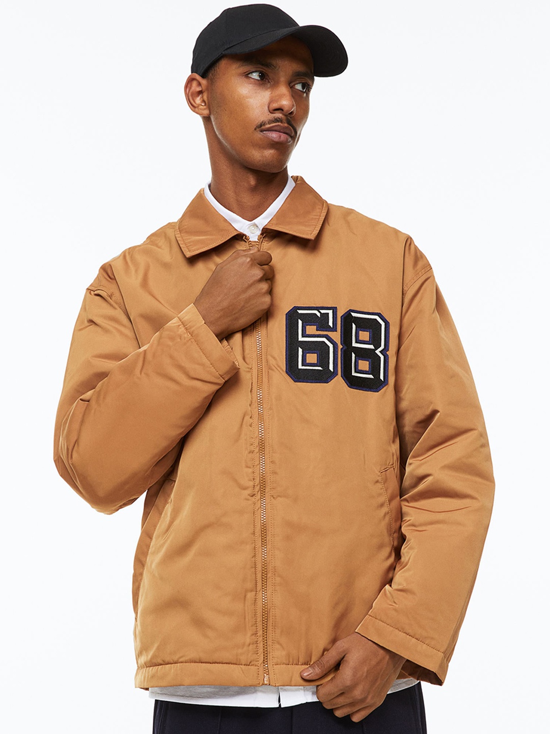 

H&M Men Brown Typography Varsity Jacket with Patchwork