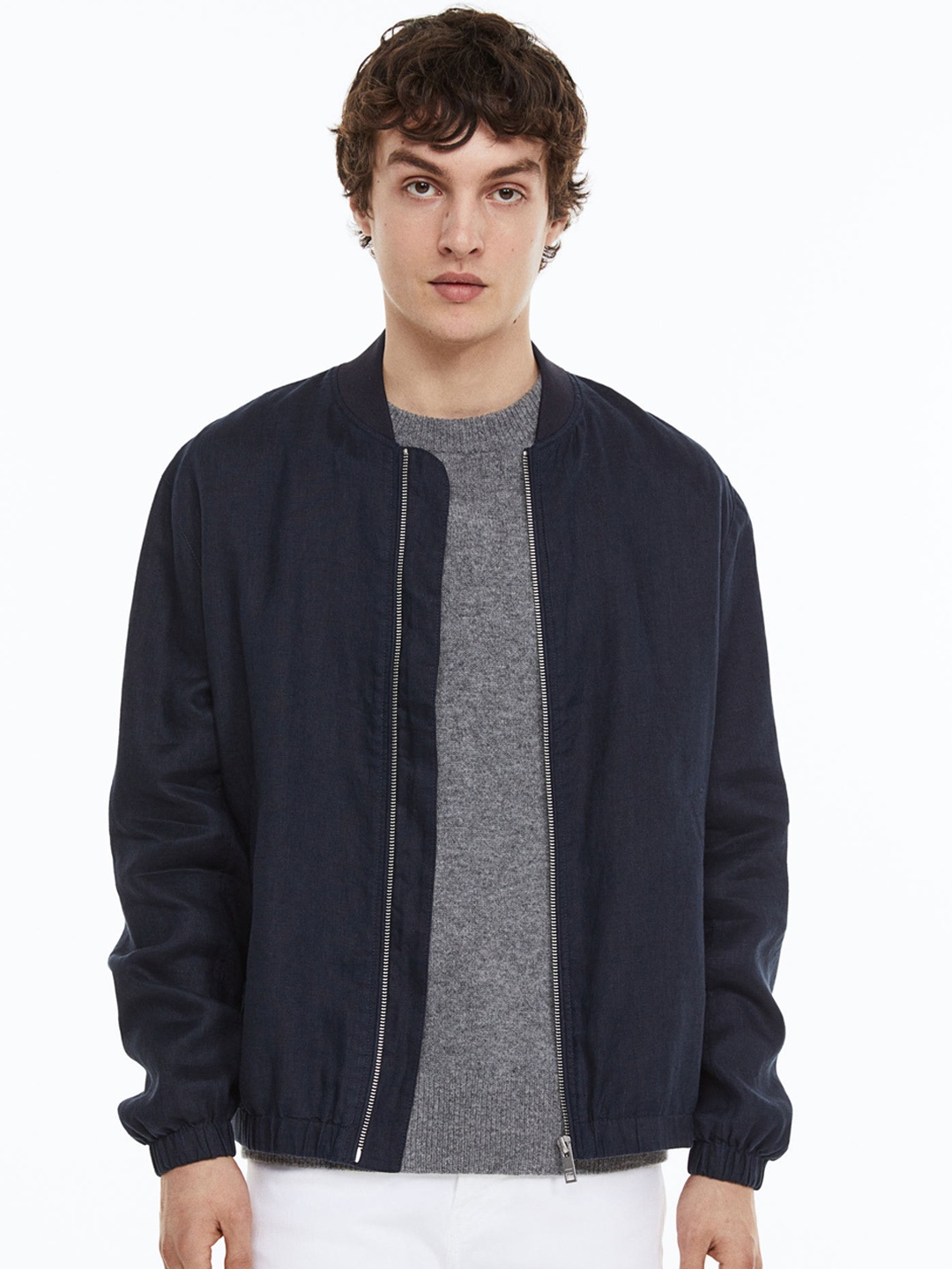 

H&M Men Linen Bomber Jacket, Navy blue