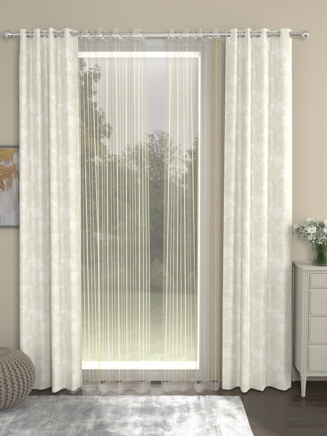 

ROSARA HOME Off White & Gold-Toned Set of 4 Floral Door Curtain