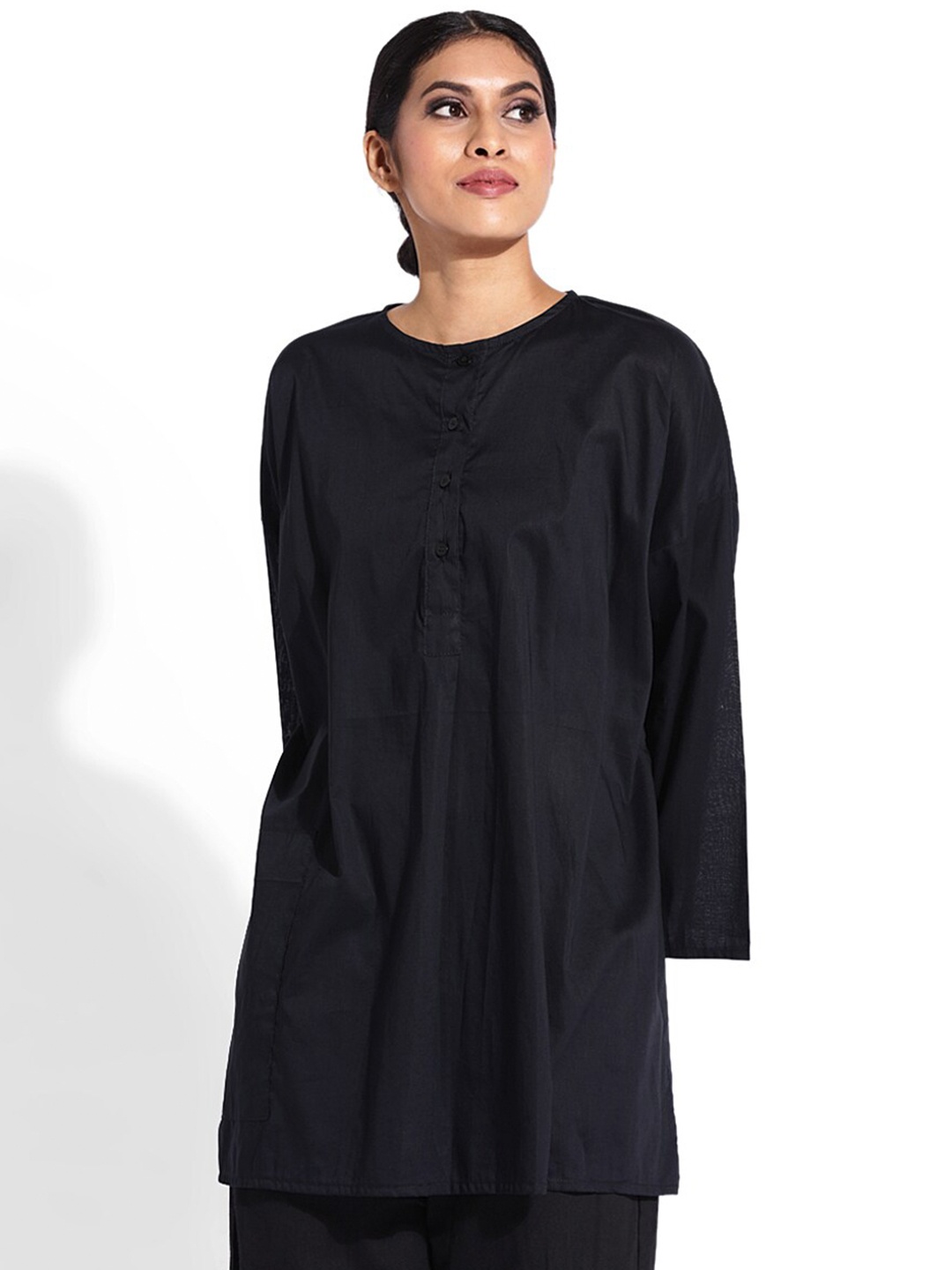 

GRASS by Gitika Goyal Women Longline Casual Cotton Shirt, Black