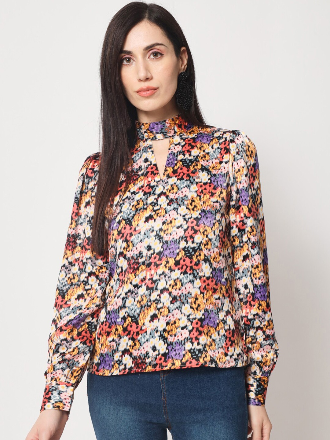 

CHARMGAL Multicoloured Floral Print Keyhole Neck Satin Top, Multi