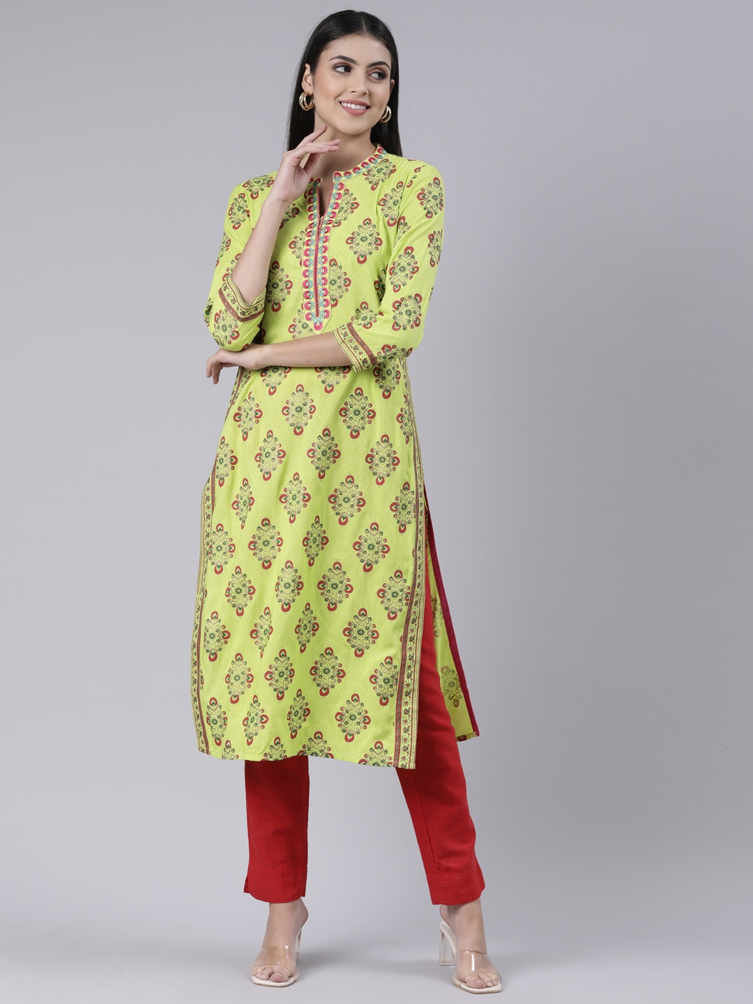 

Souchii Women Lime Green Ethnic Motifs Printed Block Print Kurta