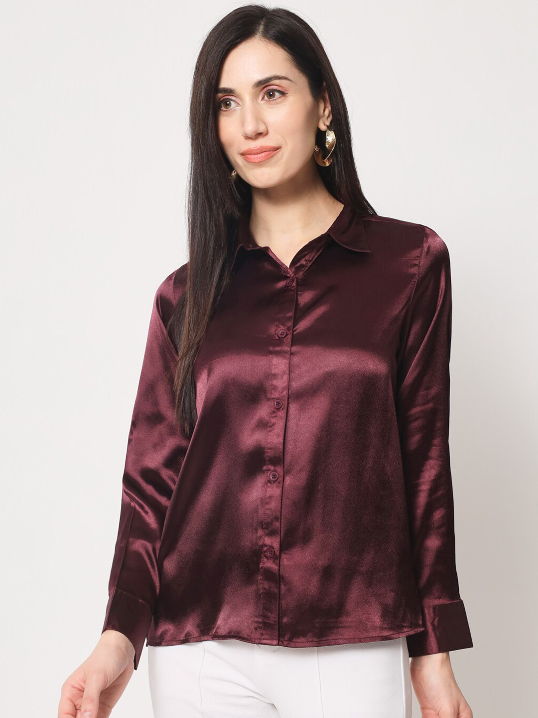 

CHARMGAL Women Maroon Classic Slim Fit Casual Shirt
