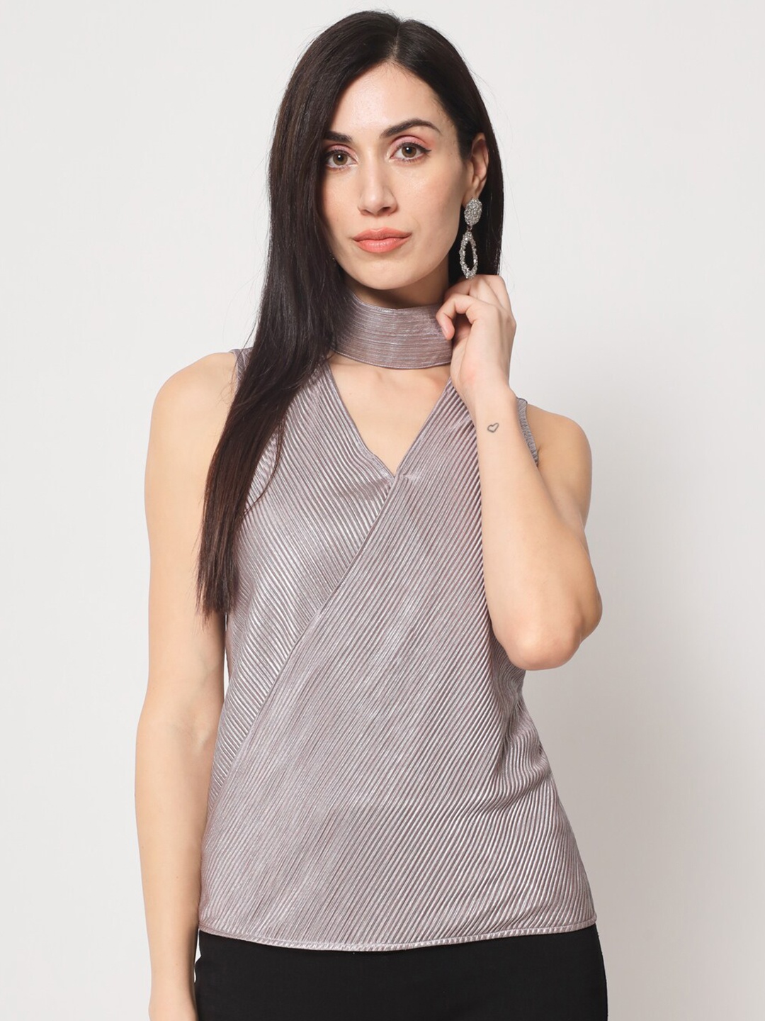 

CHARMGAL Grey Striped Satin Wrap Top