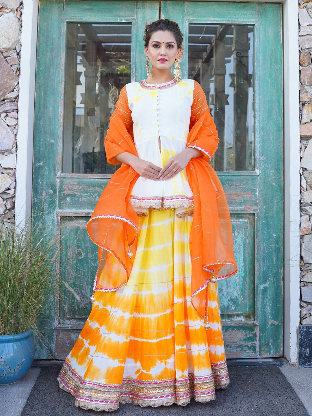 

HOUSE OF JAMOTI Orange & White Printed Ready to Wear Lehenga & Blouse With Dupatta