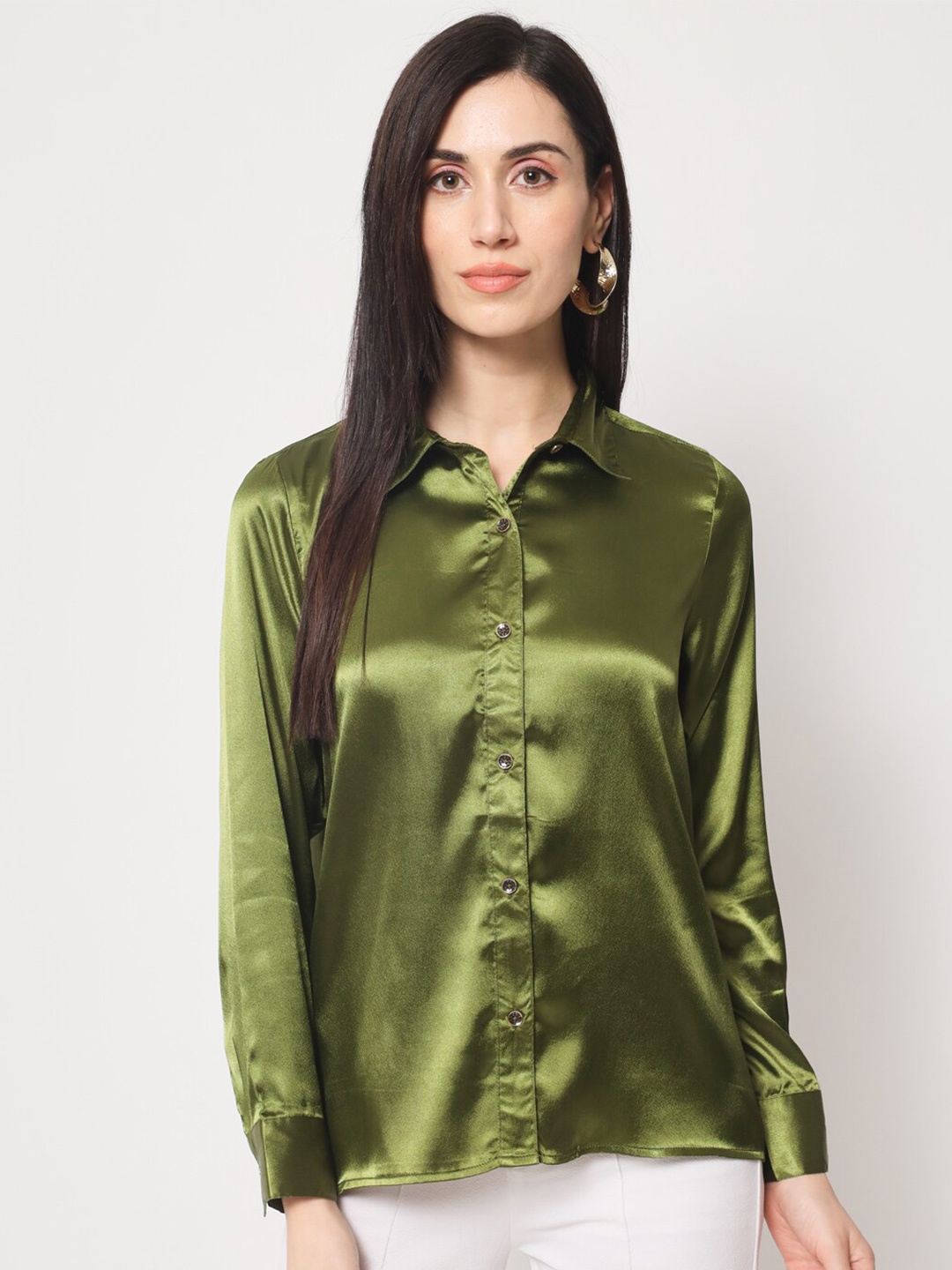 

CHARMGAL Women Olive Green Classic Slim Fit Casual Shirt