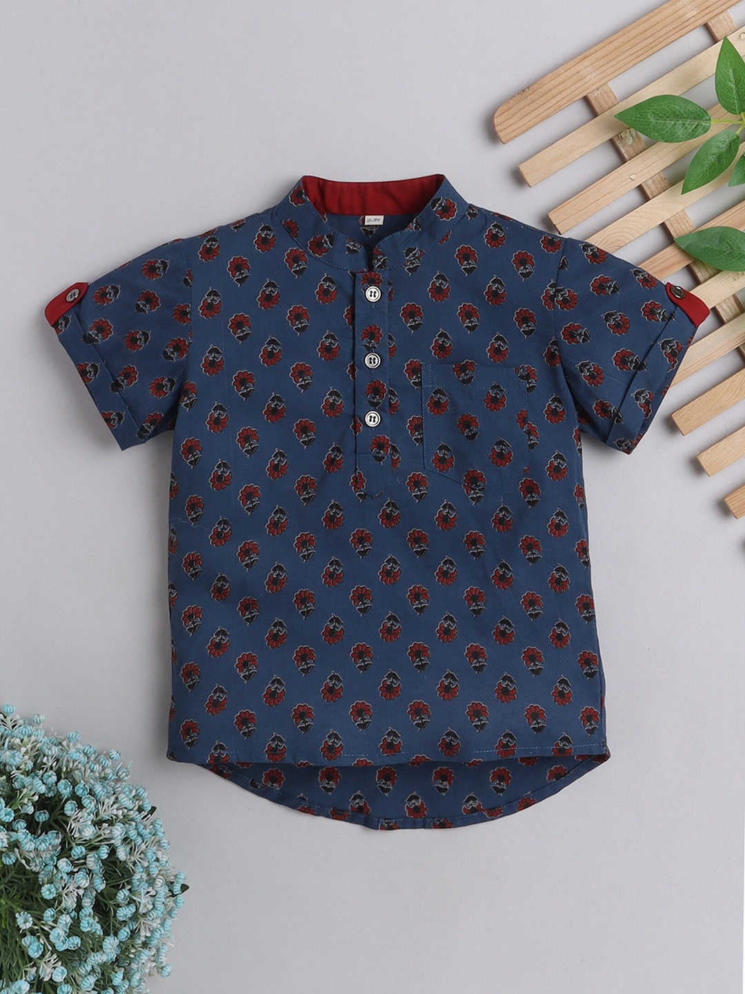 

The Magic Wand Boys Ethnic Motifs Printed Block Print Cotton Kurta, Blue
