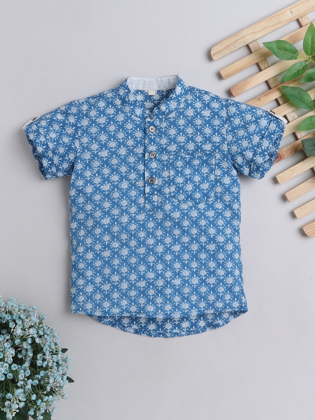 

The Magic Wand Boys Blue Floral Printed Mirror Work Block Print Kurta
