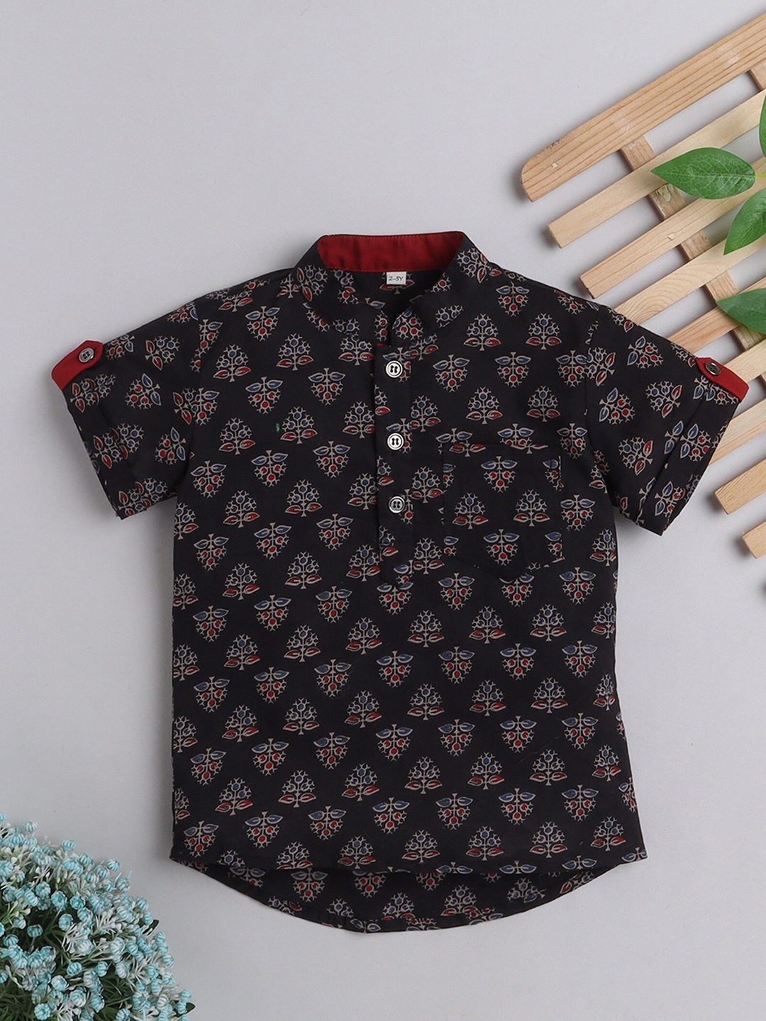 

The Magic Wand Boys Printed Block Print Cotton Kurta, Black