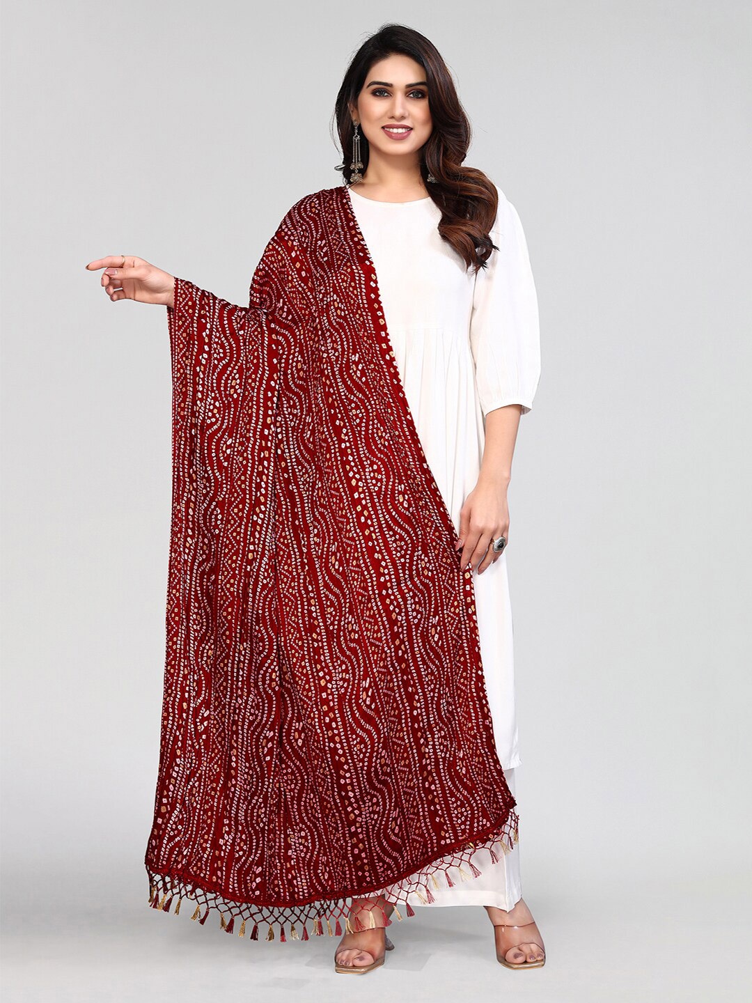 

KALINI Maroon & White Printed Bandhani Dupatta