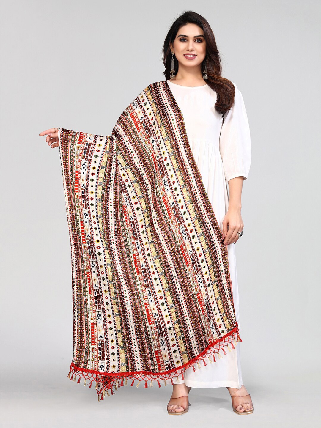 

KALINI White & Red Printed Dupatta