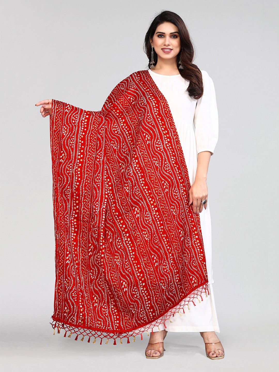 

KALINI Red & White Printed Bandhani Dupatta