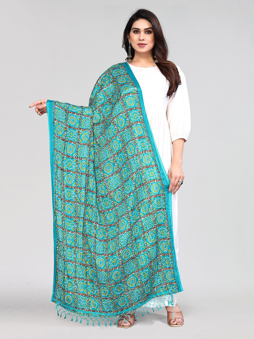 

KALINI Turquoise Blue & Yellow Printed Bandhani Dupatta