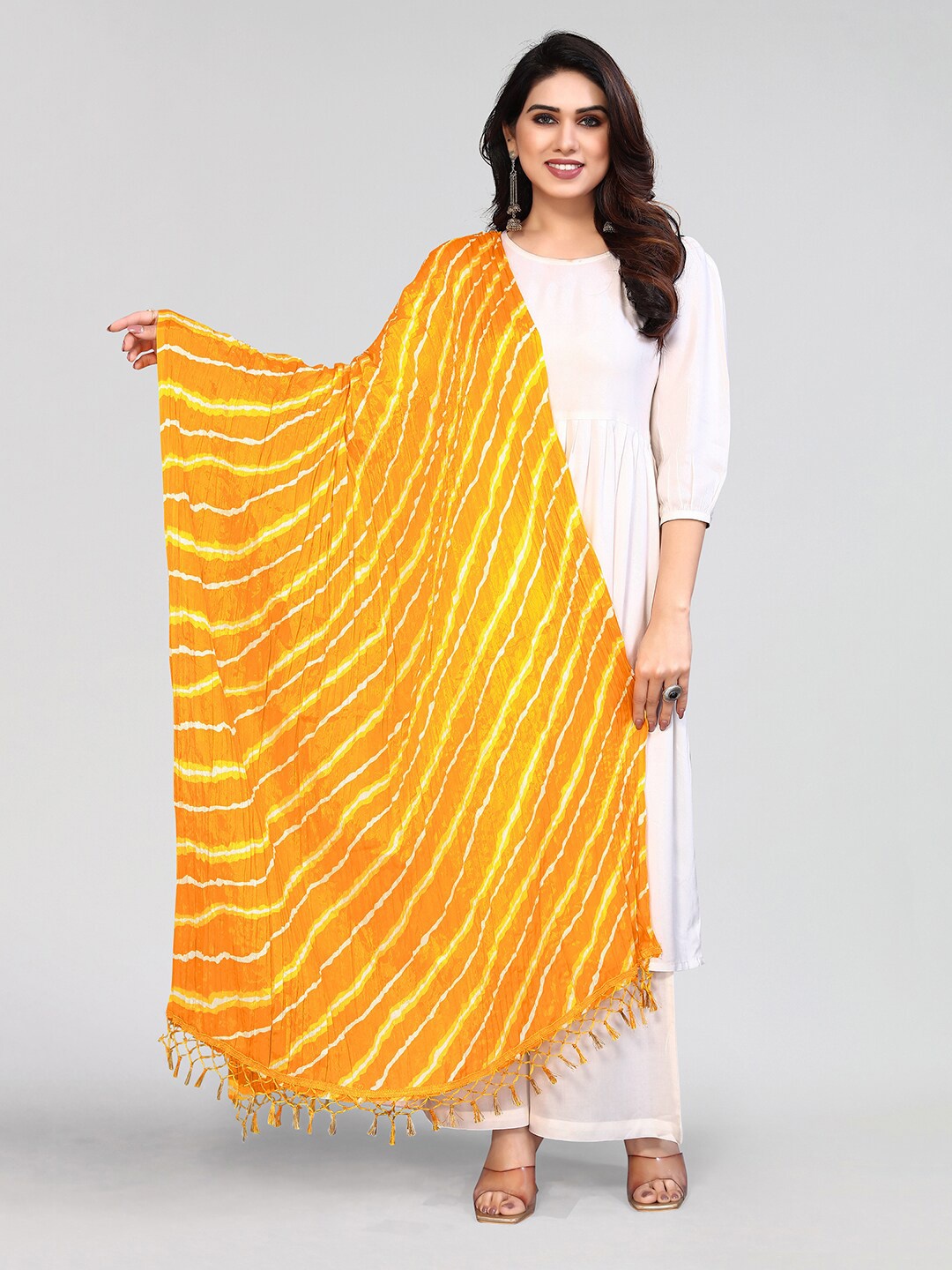 

KALINI Mustard & White Printed Leheriya Dupatta