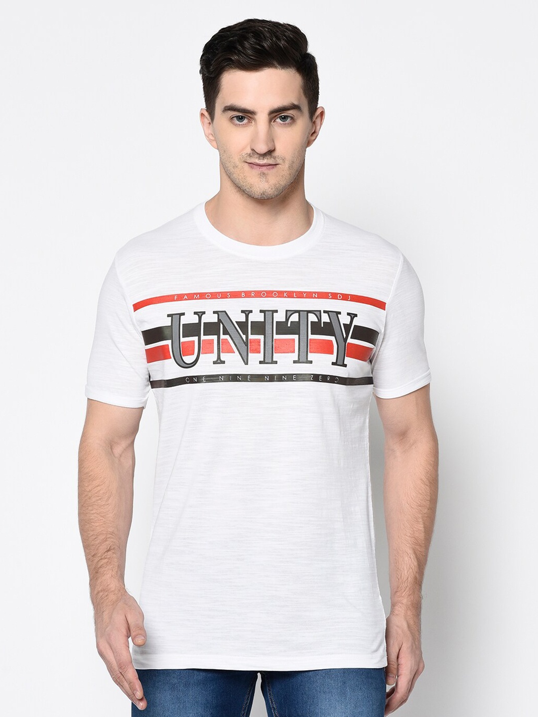 

Duke Men White Typography Printed Slim Fit T-shirt
