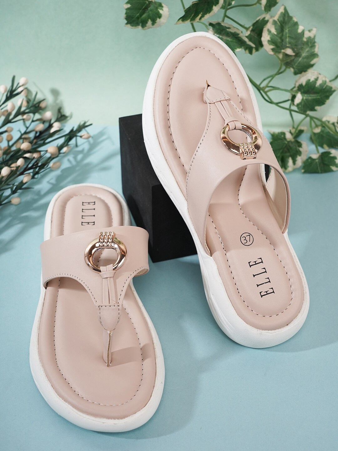 

ELLE Women Nude-Coloured & White Embellished Thong Flip-Flops