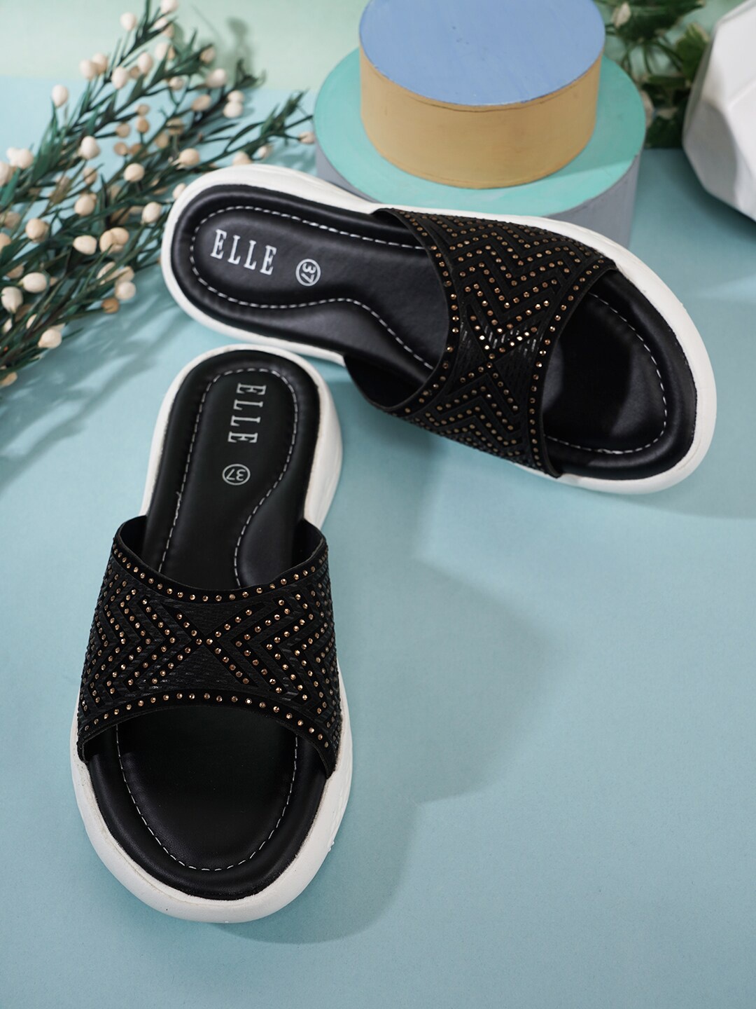 

ELLE Women Black Embellished Open Toe Flats