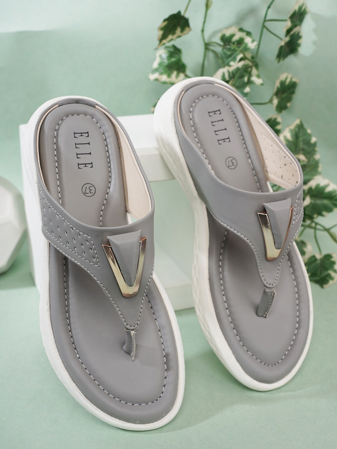 

ELLE Women Grey Embellished Open Toe Flats
