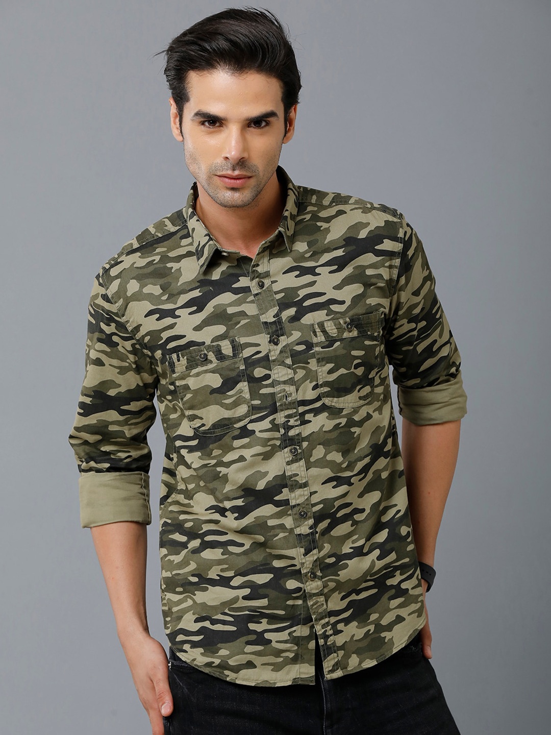 

YOVISH Men Smart Slim Fit Printed Casual Cotton Shirt, Olive