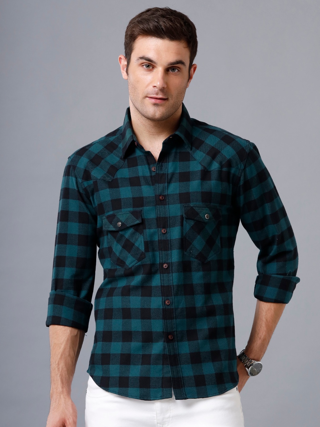 

YOVISH Men Slim Fit Buffalo Checks Cotton Casual Shirt, Black