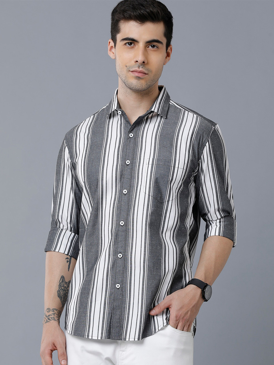 

YOVISH Men Striped Cotton Casual Shirt, Grey