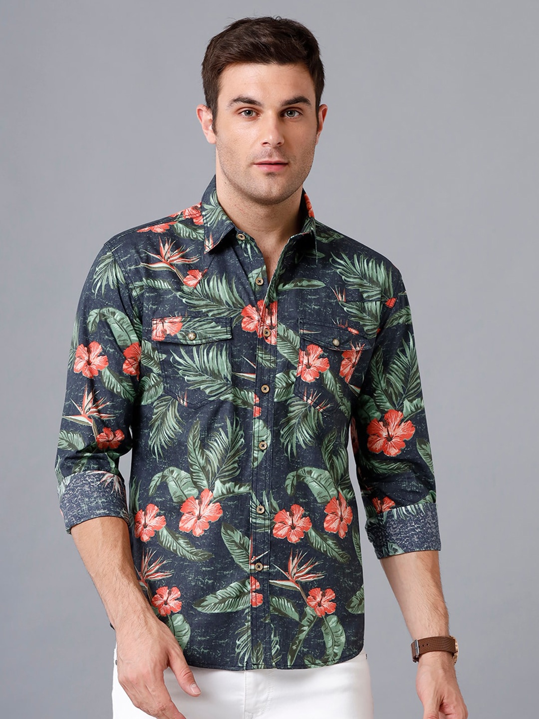 

YOVISH Men Floral Printed Cotton Casual Shirt, Grey
