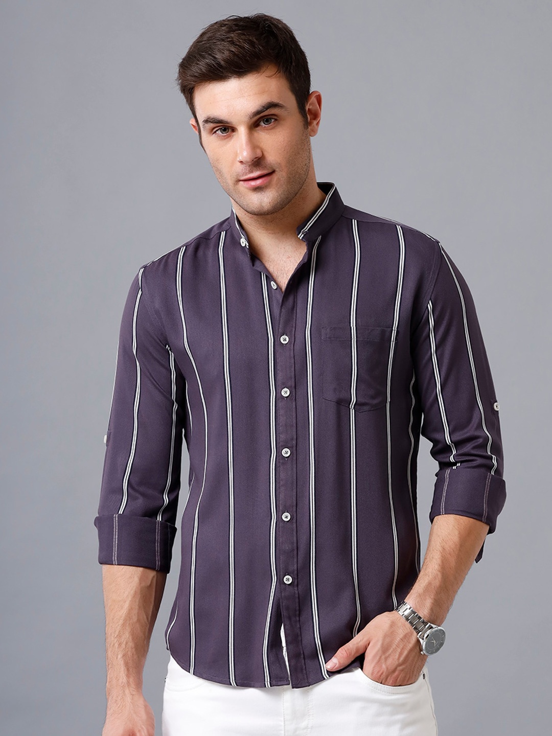 

YOVISH Men Smart Slim Fit Striped Casual Cotton Shirt, Grey