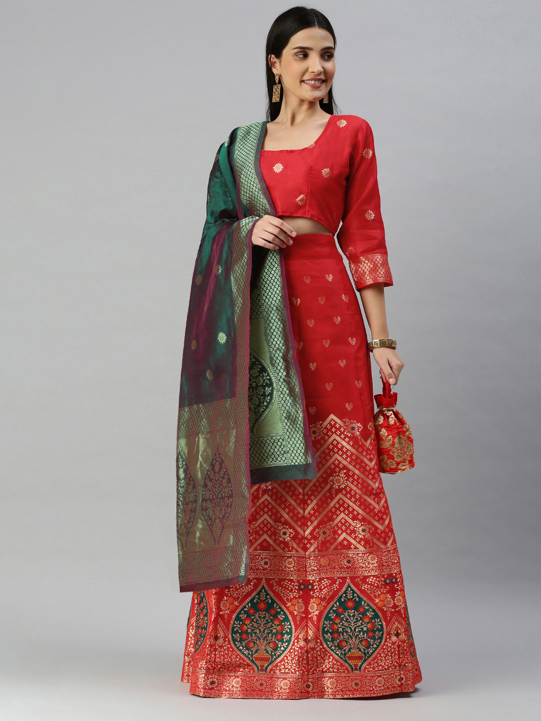 

VAIRAGEE Woven Design Semi-Stitched Lehenga & Unstitched Blouse With Dupatta, Red