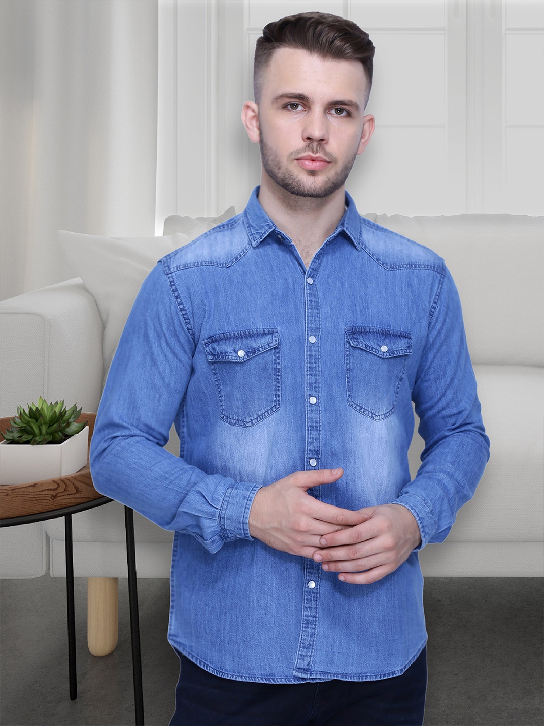 

Kuons Avenue Men Smart Slim Fit Faded Casual Denim Shirt, Blue