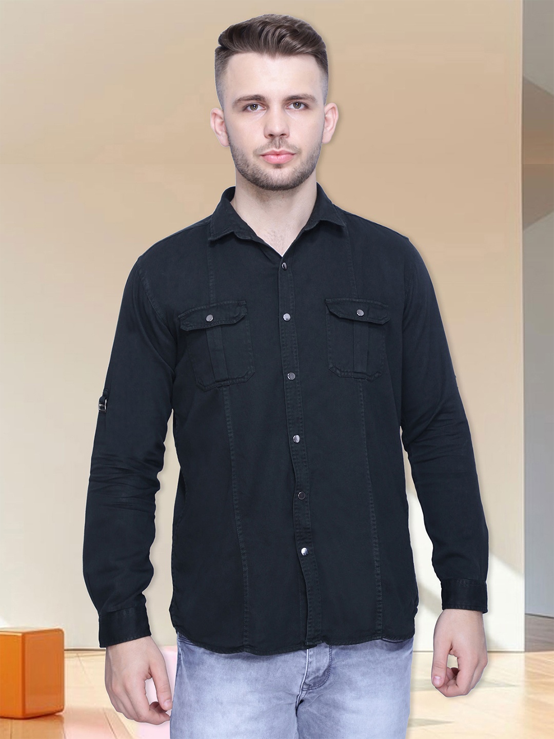 

Kuons Avenue Men Smart Slim Fit Casual Denim Shirt, Black