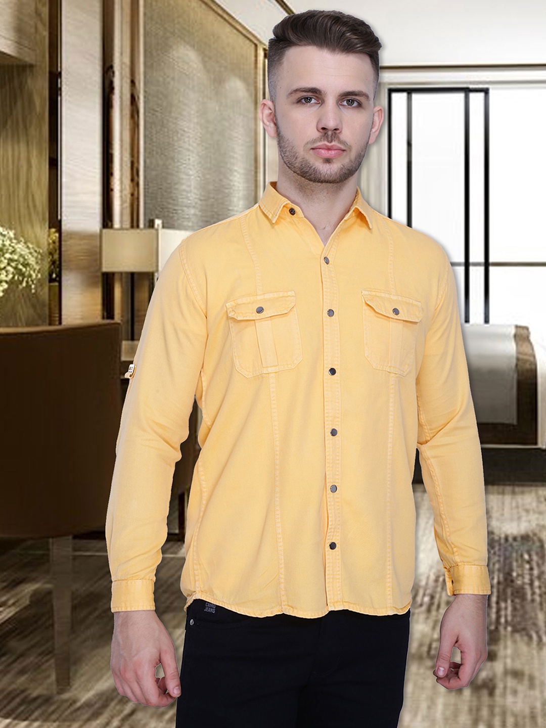 

Kuons Avenue Men Slim Fit Denim Casual Shirt, Yellow