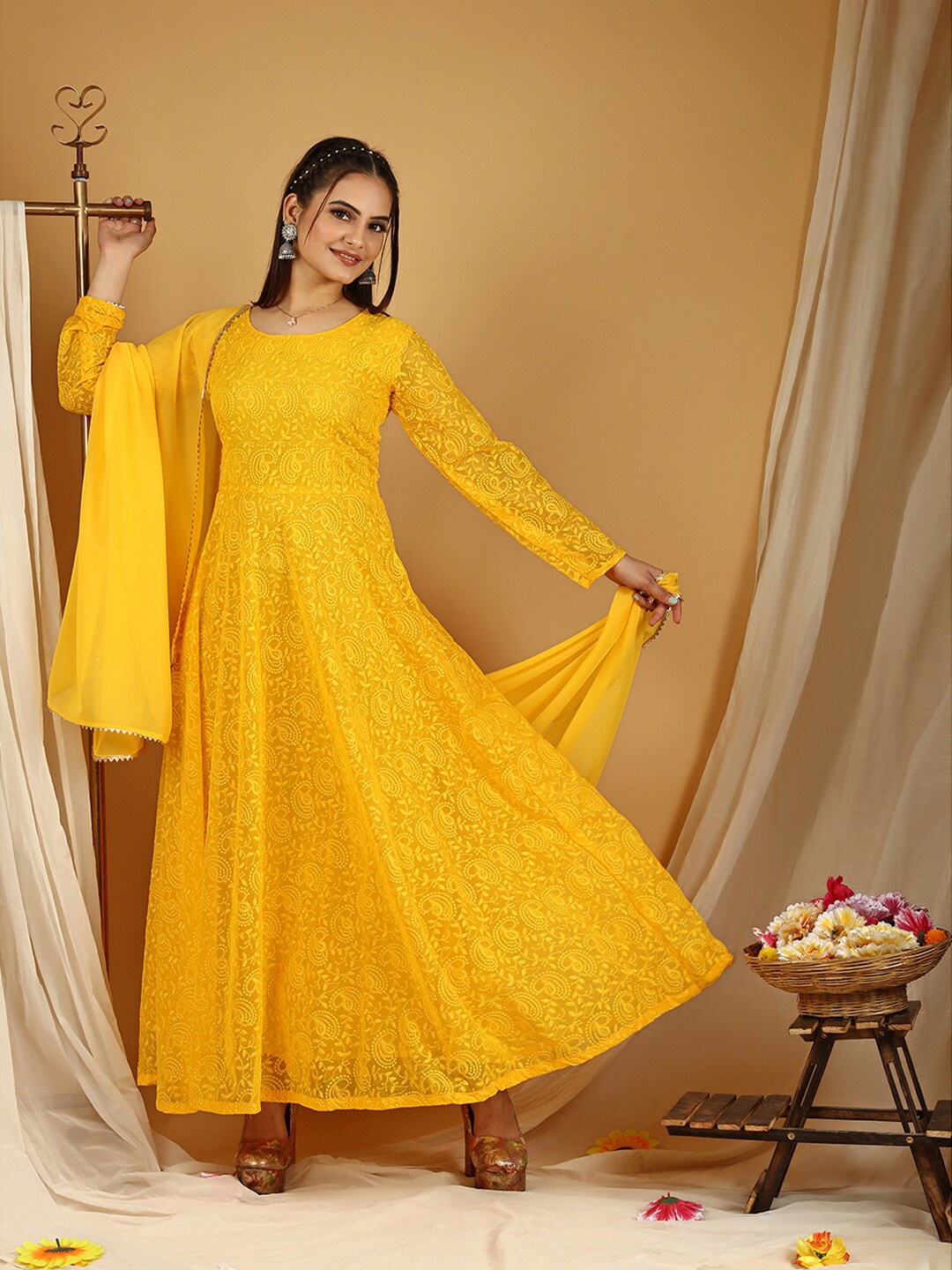 

Virah Fashion Ethnic Motifs Embroidered Georgette Maxi Dress, Yellow